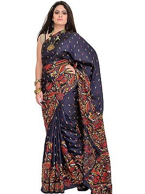 Nights-Blue Sari from Kolkata with Kantha Hand-Embroidered Lotuses