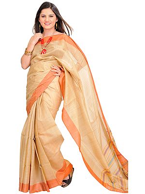 Alabaster-Gleam Kosa Silk Plain Sari from Jharkhand with Woven Stripes on Aanchal