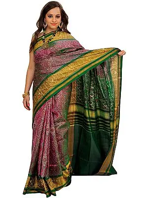 Violet-Quartz and Green Paan Patola Handloom Sari from Patan with Ikat Weave