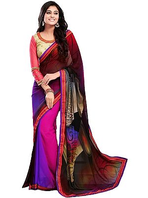 Multicolor Art-Deco Printed Sari with Embroidered Patch Border