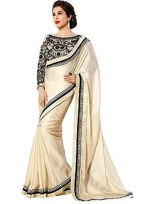 Off-White and Black Designer Shimmer Sari with Patch Border and Embroidered Blouse