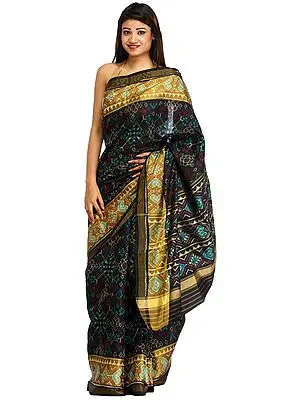 Jet-Black Handloom Paan-Patola Sari from Patan with Ikat Weave