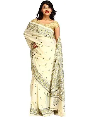 Cream Kantha Hand-Embroidered Sari from Kolkata with Bootis