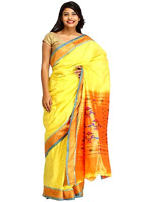 Aurora-Yellow Paithani Sari with Zari Weave on Border and Hand-Woven Peacocks on Aanchal