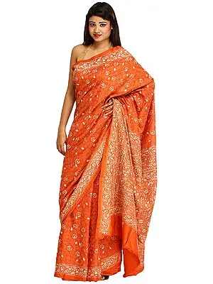 Rust-Orange Sari from Kolkata with Kantha Hand-Embroidery All-Over