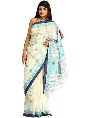 Ivory and Blue Purbasthali Tangail Sari from Bengal with Woven Flowers