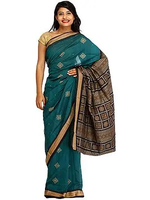 Green and Black Bomkai Sari from Orissa with Woven Bootis and Rudraksha Border