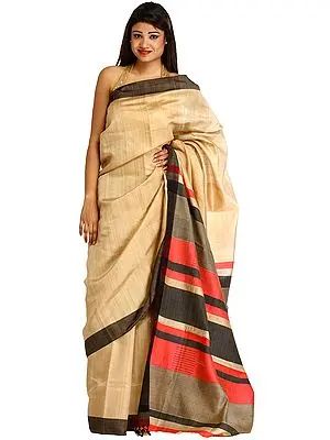 Almond-Buff Plain Sari from Bengal with Woven Stripes on Aanchal