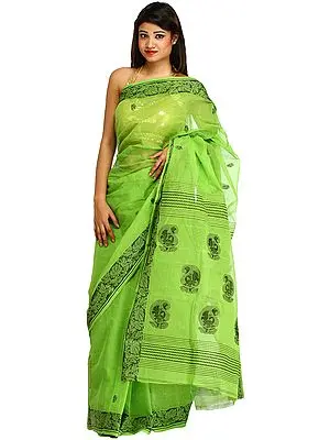 Kiwi-Green Saree from Bengal with Floral Border and Paisleys on Aanchal