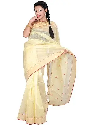 French-Vanilla Chanderi Sari with Zari Bootis on Aanchal and Golden Border