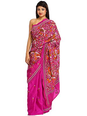 Vivid-Viola Sari from Kolkata with Kantha Hand-Embroidered Swans