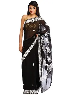 Phantom-Black Sari from Kashmir with Aari-Embroidered Maple Leaves in White Thread