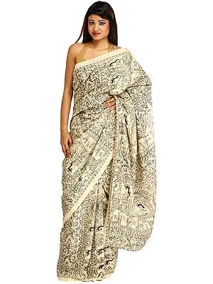 Almond-Oil Madhubani Printed Sari from Jharkhand with Folk Motifs