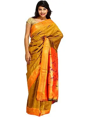 Amber-Gold Paithani Sari with Zari Bootis and Hand-Woven Peacocks on Aanchal