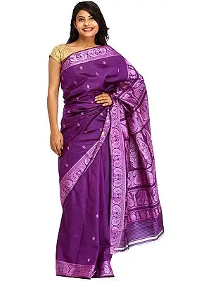 Petunia-Purple Baluchari Sari from Kolkata with Woven Bootis and Paisleys on Aanchal