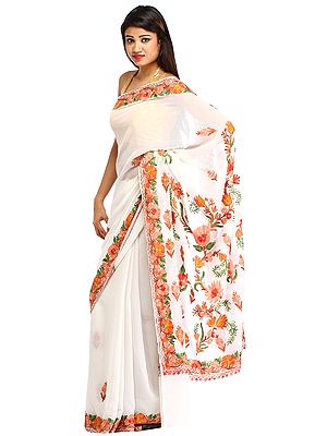 Lily-White Sari from Kashmir with Aari Floral-Embroidery
