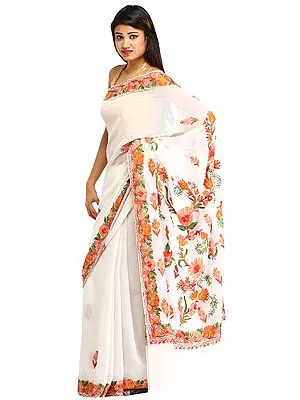 Lily-White Sari from Kashmir with Aari Floral-Embroidery
