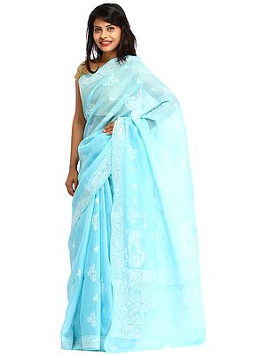 Porcelain-Blue Sari from Lucknow with Chikan Embroidery by Hand