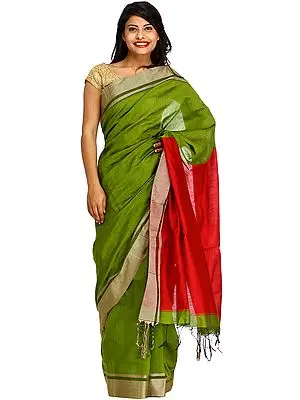 Peridot and Red Plain Sari from Bengal with Striped Border