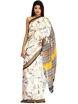 Off-White Printed Sari from Bengal with Sparrows and Stripes on Aanchal