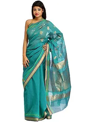 Latigo-Bay Sari from Bengal with Zari-Woven Flowers and Striped Border