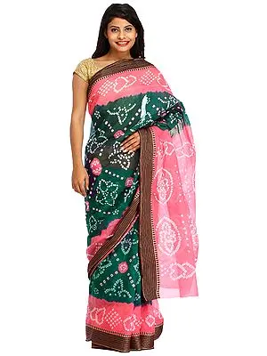 Green and Pink Bandhani Tie-Dye Sari from Jodhpur with Striped Border