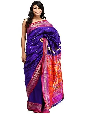 Deep-Blue Paithani Sari with Hand-Woven Peacocks