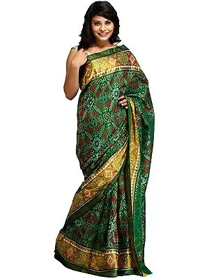Foliage-Green Paan Patola Handloom Sari from Patan with Ikat Weave