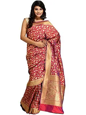 Raspberry-Wine Sari from Banaras with Zari-Woven Paisleys All-Over