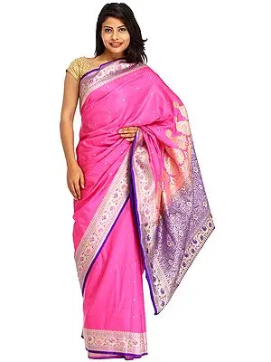 Pink and Blue Sari from Banaras with Woven Lotuses on Border and Brocaded Aanchal