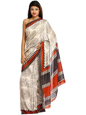 Dusty-White Sari from Bengal with Printed Warli Chakra of Life and Temple Border