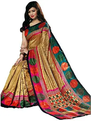 Italian-Straw Sari with Printed Circles on Border
