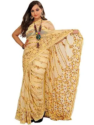 Vanilla-Custard Sari from Lucknow with Chikan Hand-Embroidery All-Over