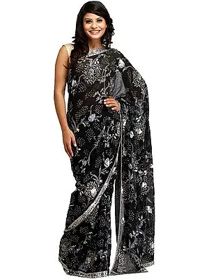 Jet-Black Wedding Sari with Hand-Embroidered Beads All-Over