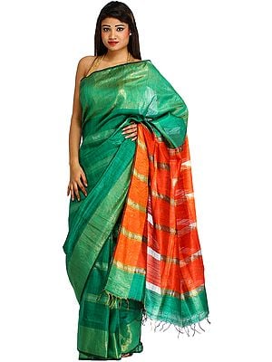Green and Orange Plain Sari from Bengal with Woven Stripes