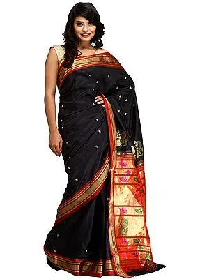 Black and Golden Paithani Sari with Zari-Woven Peacocks and Brocaded Aanchal