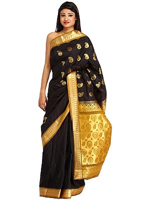 Black and Gold Sari from Bangalore with Zari-Woven Paisleys and Brocaded Aanchal