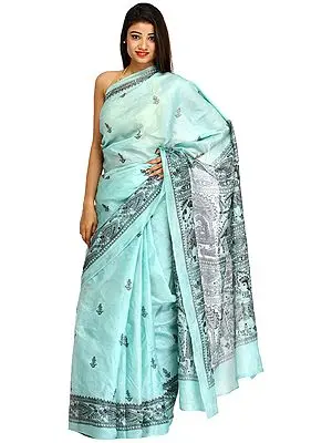 Fair-Aqua Sari from Bengal with Printed Madhubani Folk Motifs