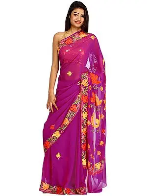 Sparkling-Grape Sari from Kashmir with Aari Embroidered Maple Leaves