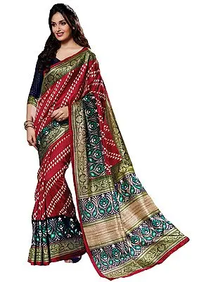 Maroon and Green Sari with Printed Bootis and Floral Border