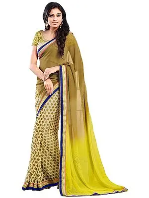 Olive and Green Half N Half Printed Sari with Patch Border and Embroidered Blouse