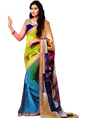 Multicolor Art-Deco Printed Sari with Embroidered Patch Border
