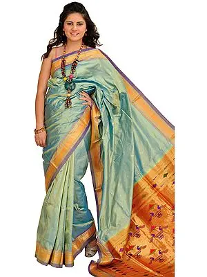 Quiet-Green Paithani Sari with Zari-Woven Border and and Brocade Aanchal