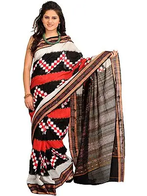 Black and Red Ikat Handloom Sari from Pochampally with Woven Checks and Rudraksha Border
