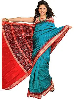 Blue and Red Handloom Ikat Sari from Sambhalpur with Woven Flowers on Pallu