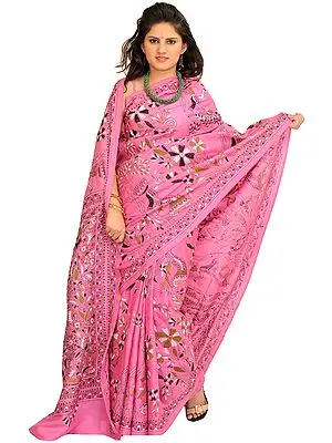 Aurora-Pink Kantha Sari from Kolkata with Hand-Embroidered Flowers and Ladies