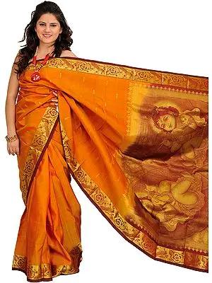 Nugget and Maroon Kanjivaram Sari from Bangalore with Woven Little Krishna on Aanchal