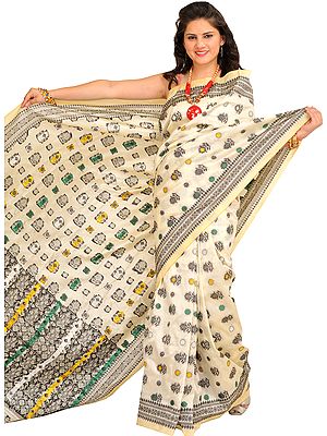 Cream Sari from Assam with Woven Motifs All-Over