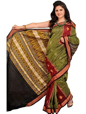 Capulet-Olive and Red Bomkai Sari from Orissa With Woven Rudraksha Border