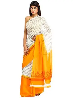Cream and Orange Sari from Bengal with Printed Mantras